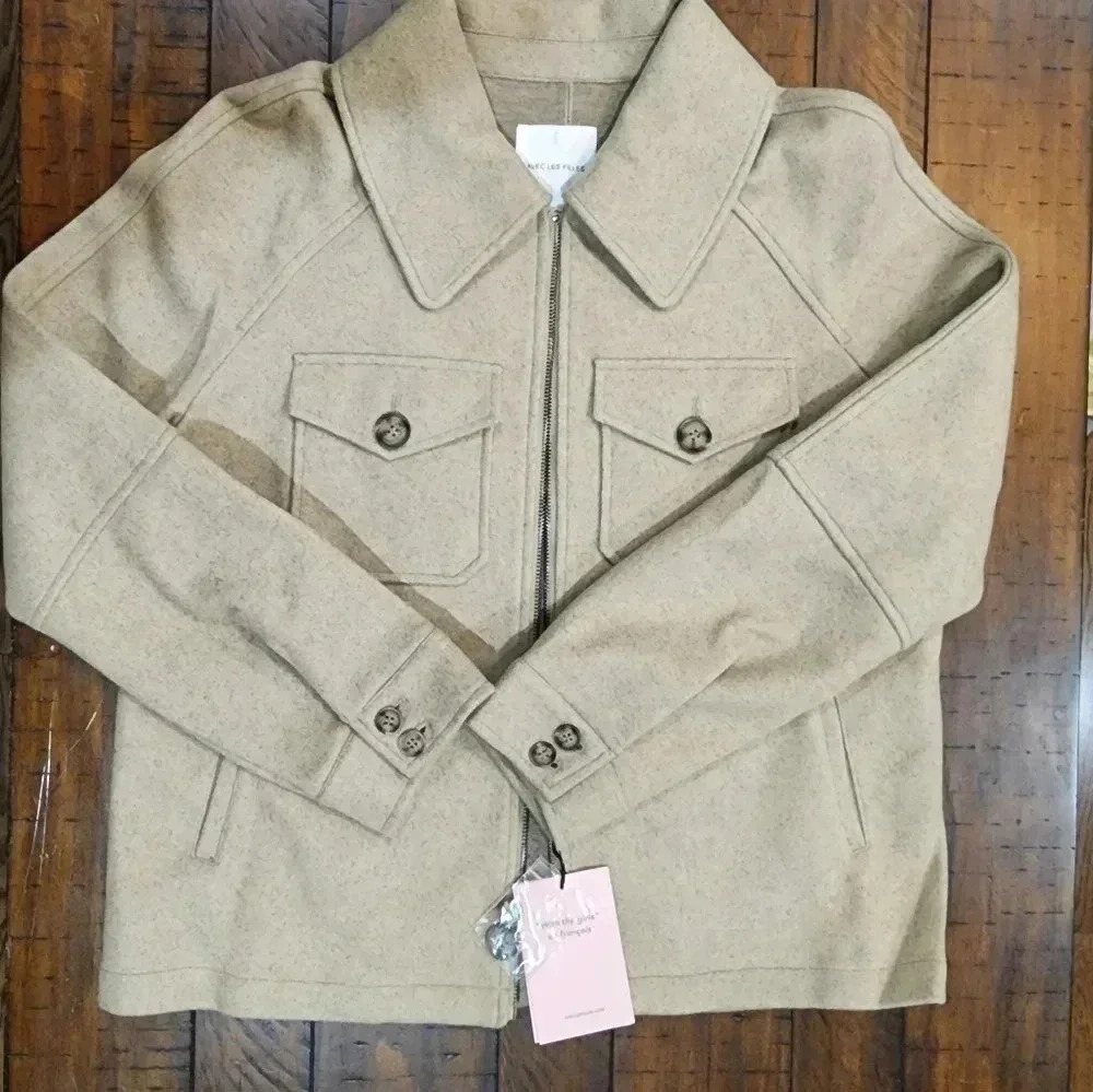 Avec Les Filles Women's zip front aviator jacket oatmeal size Medium New - Picture 7 of 9